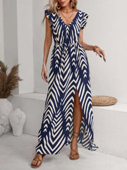 Printed V-Neck Cap Sleeve Maxi Dress.