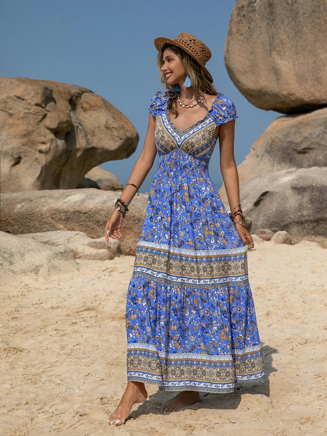 Printed V-Neck Cap Sleeve Midi Dress.