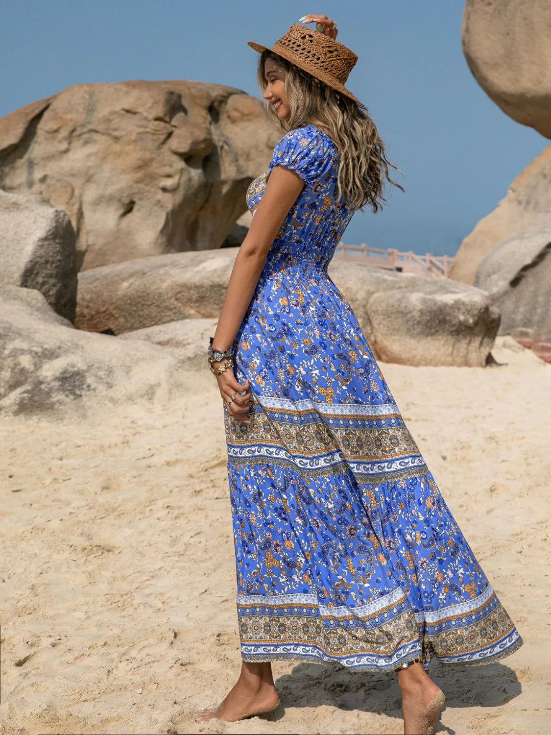 Printed V-Neck Cap Sleeve Midi Dress.