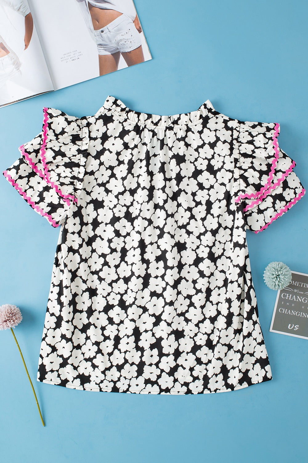 Printed V-Neck Flounce Sleeve Blouse.