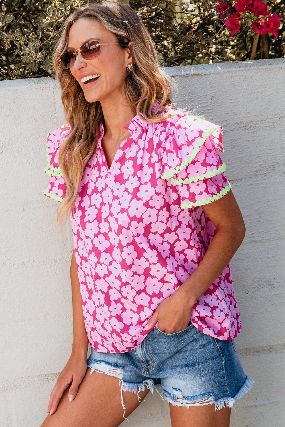 Printed V-Neck Flounce Sleeve Blouse.