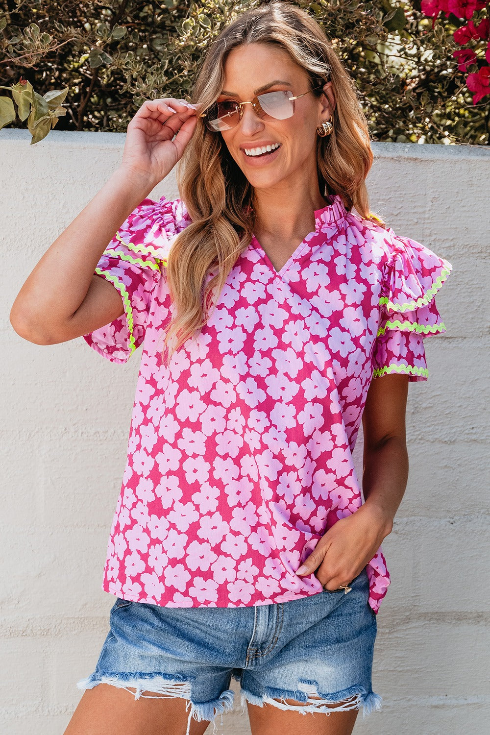 Printed V-Neck Flounce Sleeve Blouse.