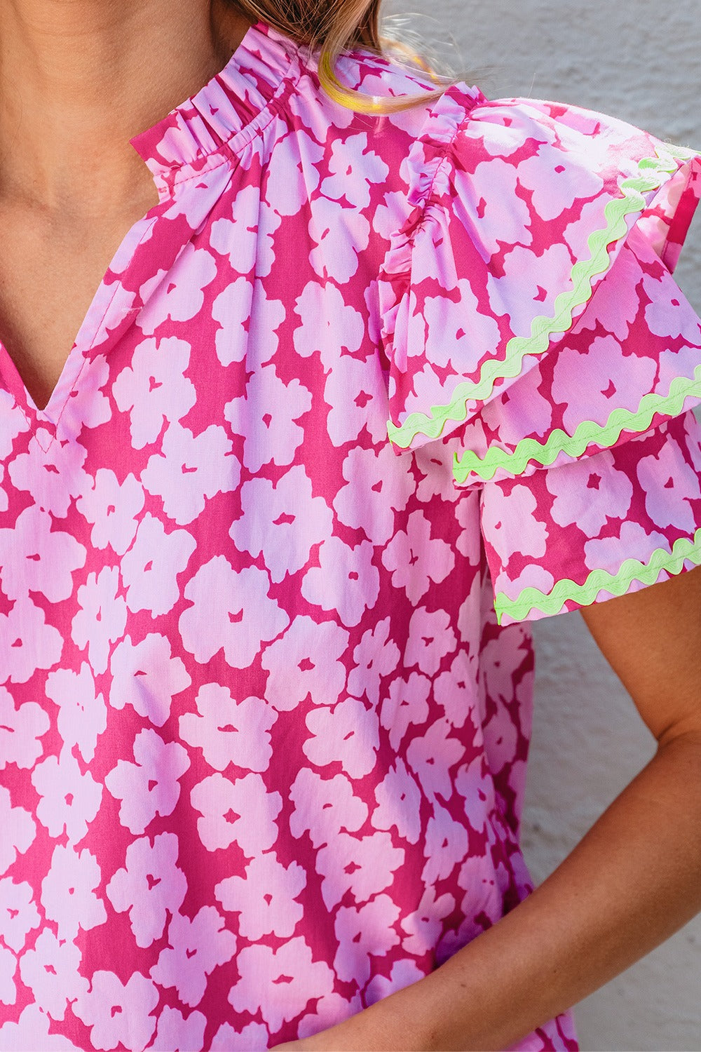 Printed V-Neck Flounce Sleeve Blouse.