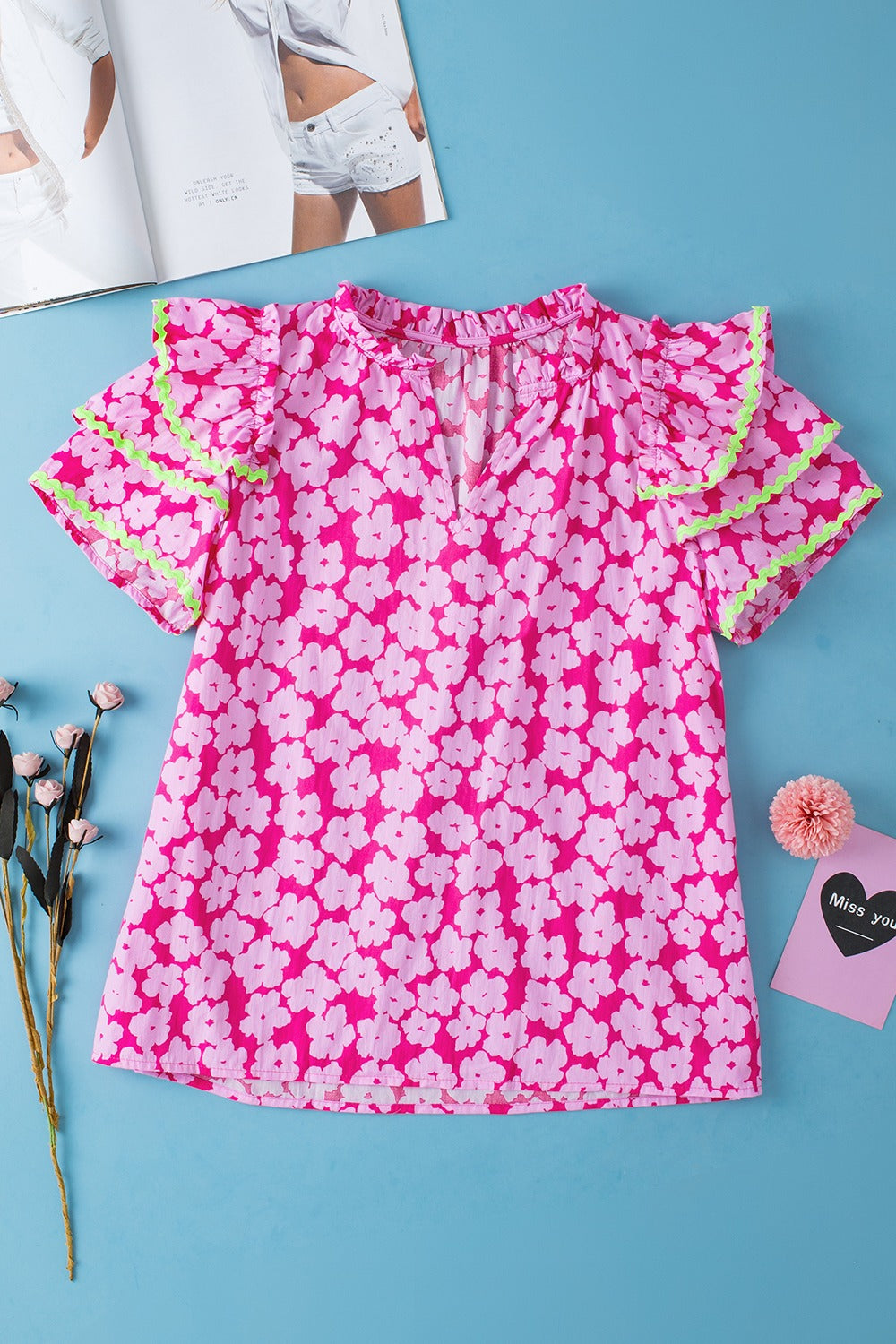 Printed V-Neck Flounce Sleeve Blouse.