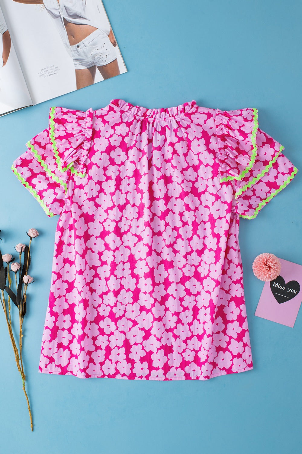 Printed V-Neck Flounce Sleeve Blouse.