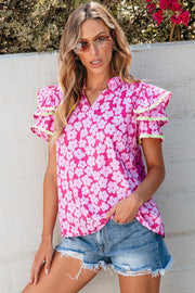 Printed V-Neck Flounce Sleeve Blouse.