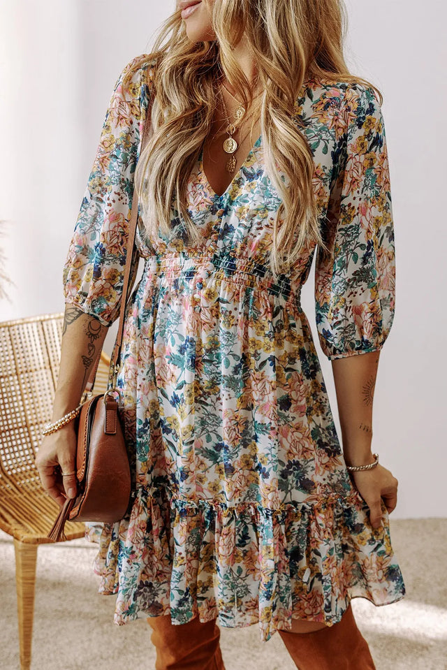 Printed V-Neck Half Sleeve Dress.