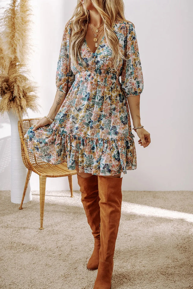 Printed V-Neck Half Sleeve Dress.