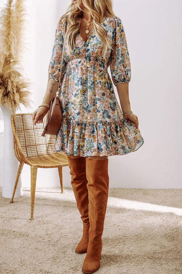 Printed V-Neck Half Sleeve Dress.