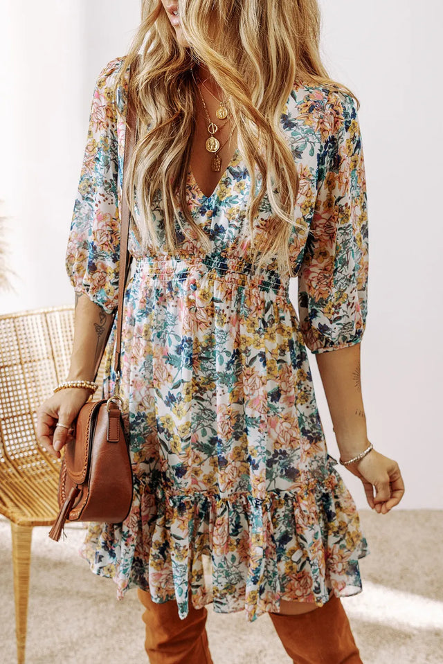 Printed V-Neck Half Sleeve Dress.