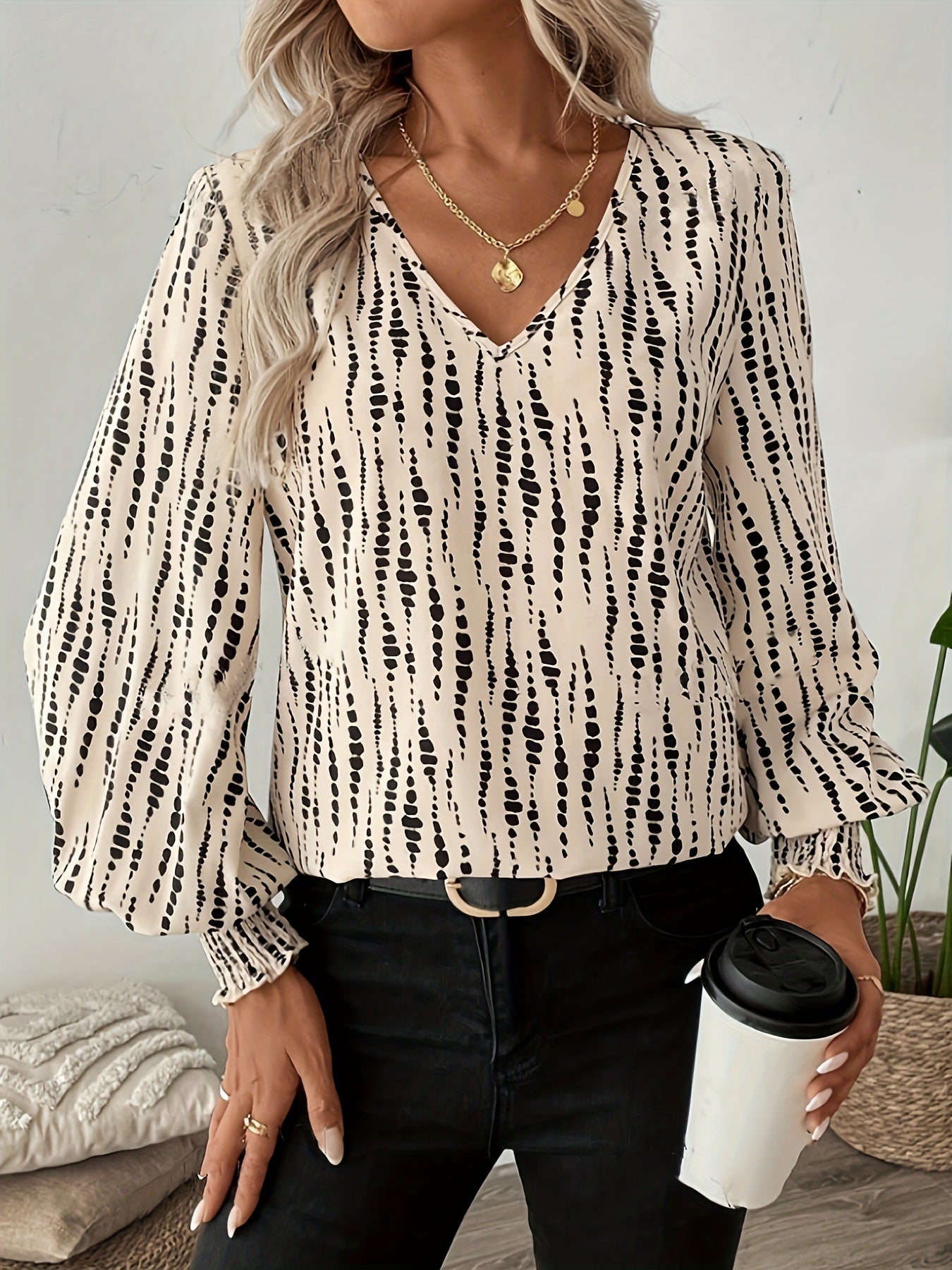 Printed V-Neck Lantern Sleeve Blouse.