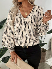 Printed V-Neck Lantern Sleeve Blouse.