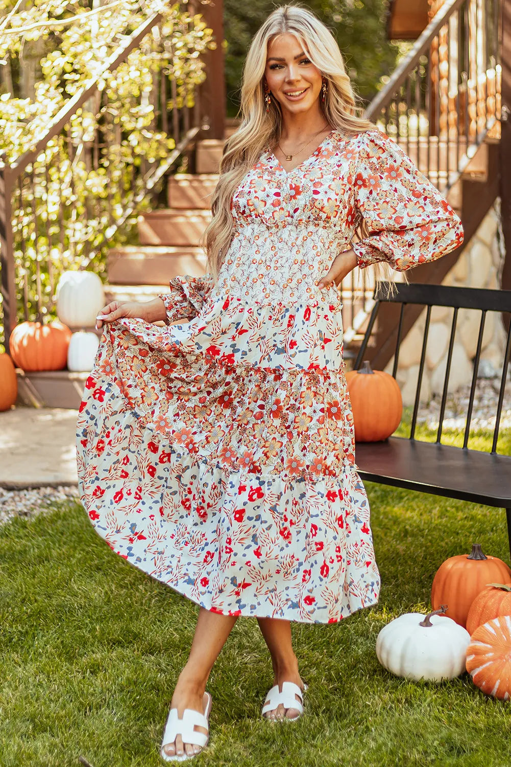 Full Size Printed V-Neck Lantern Sleeve Midi Dress.