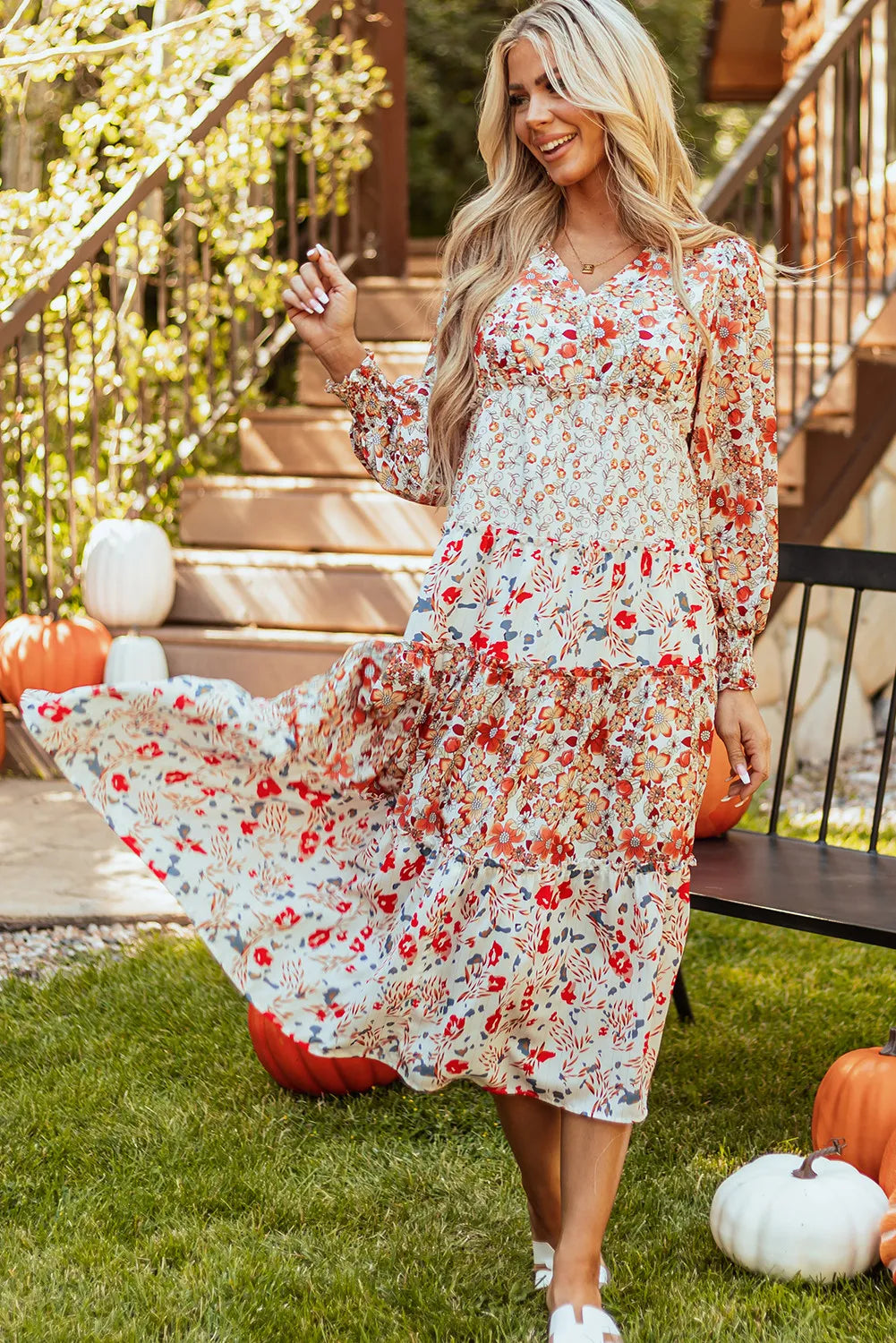 Full Size Printed V-Neck Lantern Sleeve Midi Dress.