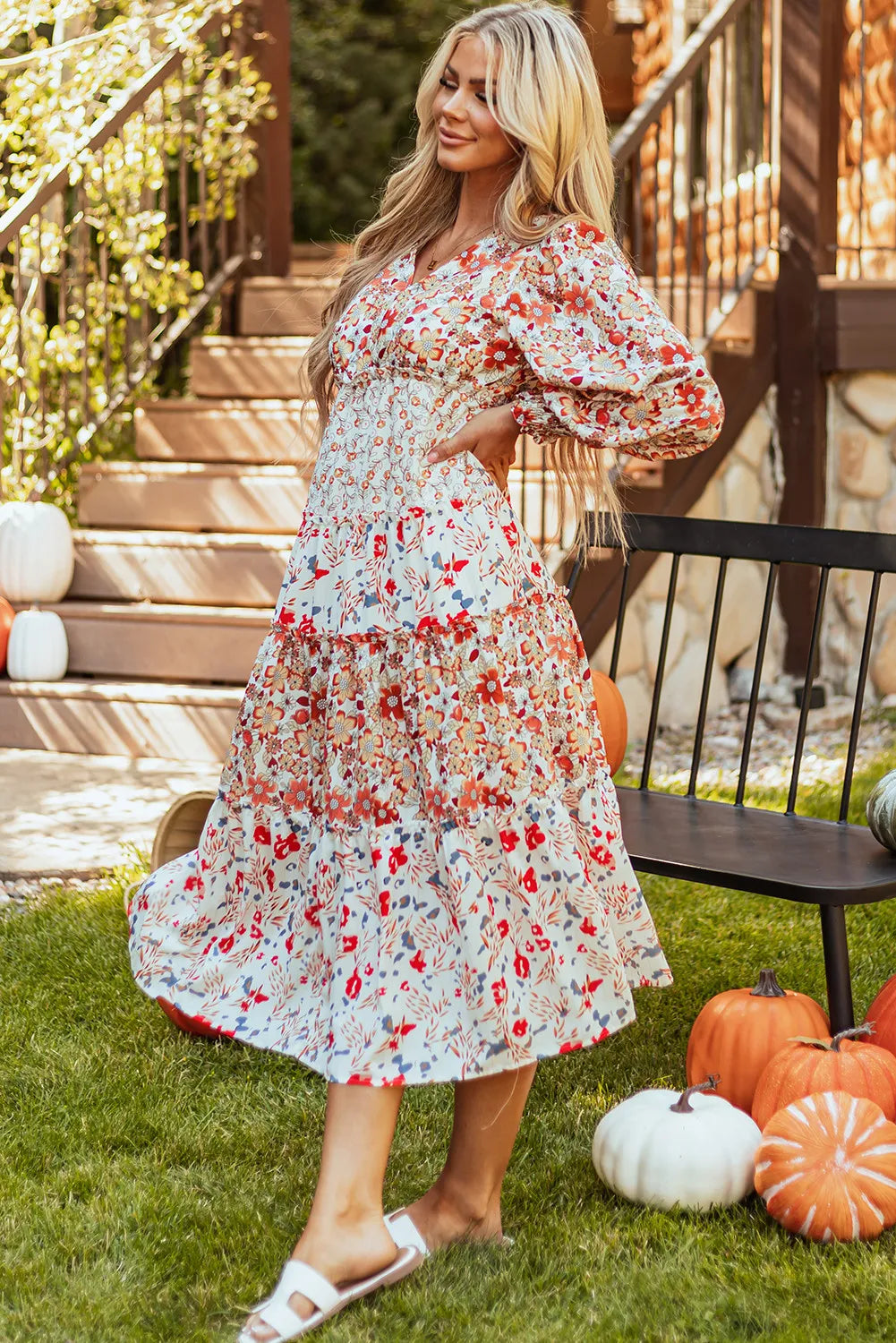 Full Size Printed V-Neck Lantern Sleeve Midi Dress.