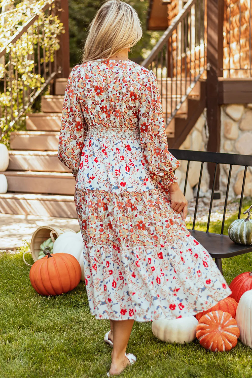 Full Size Printed V-Neck Lantern Sleeve Midi Dress.