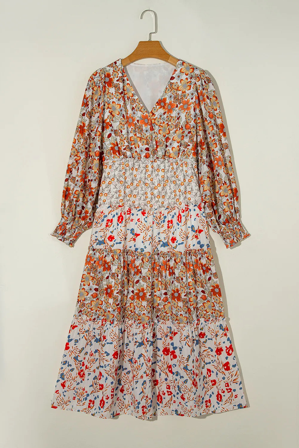 Full Size Printed V-Neck Lantern Sleeve Midi Dress.