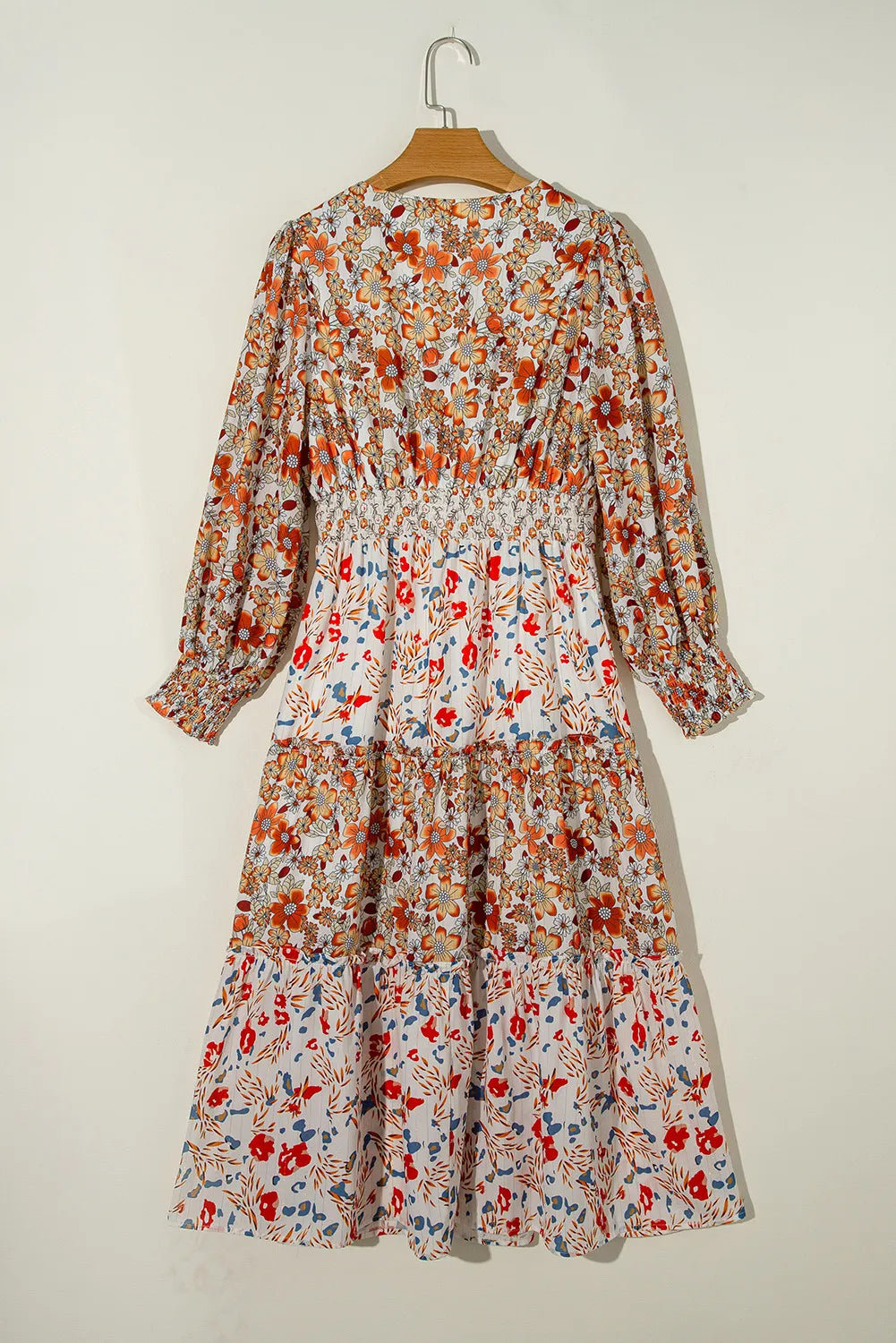 Full Size Printed V-Neck Lantern Sleeve Midi Dress.