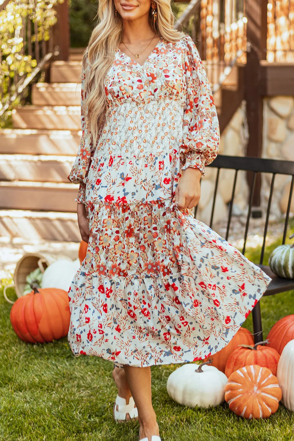 Full Size Printed V-Neck Lantern Sleeve Midi Dress.