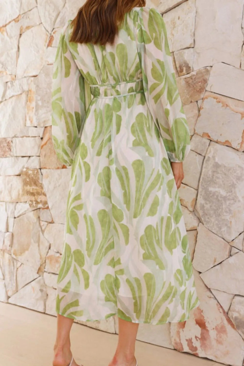 Printed V-Neck Long Sleeve Midi Dress.