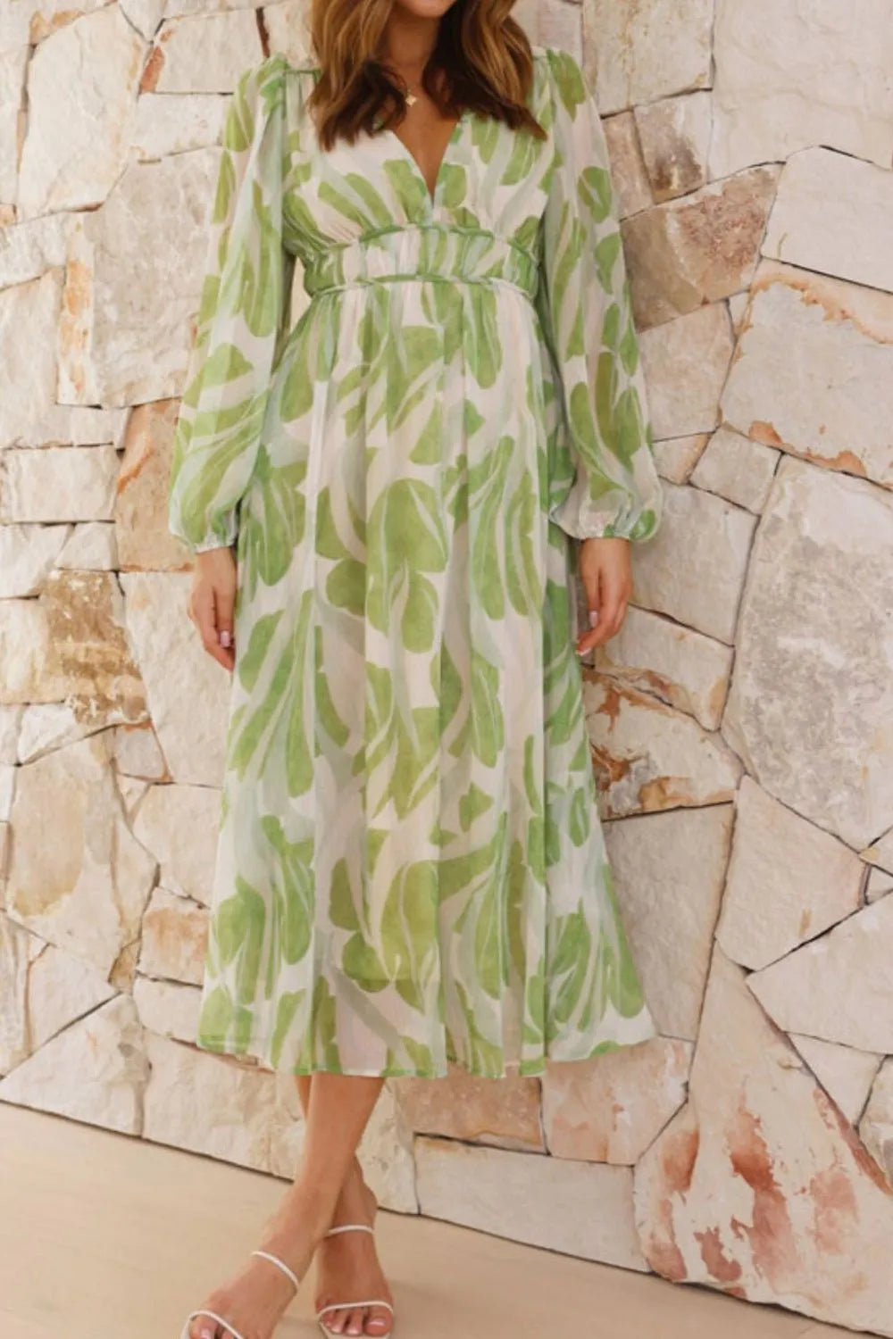 Printed V-Neck Long Sleeve Midi Dress.