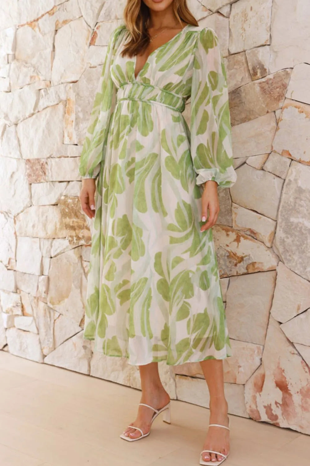 Printed V-Neck Long Sleeve Midi Dress.