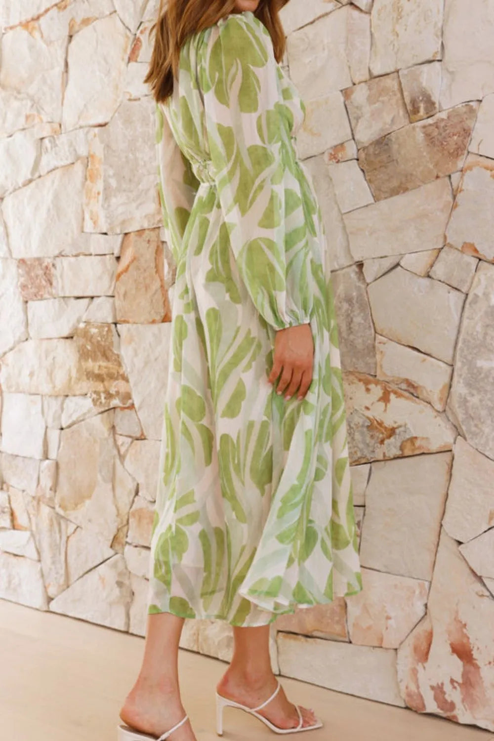 Printed V-Neck Long Sleeve Midi Dress.