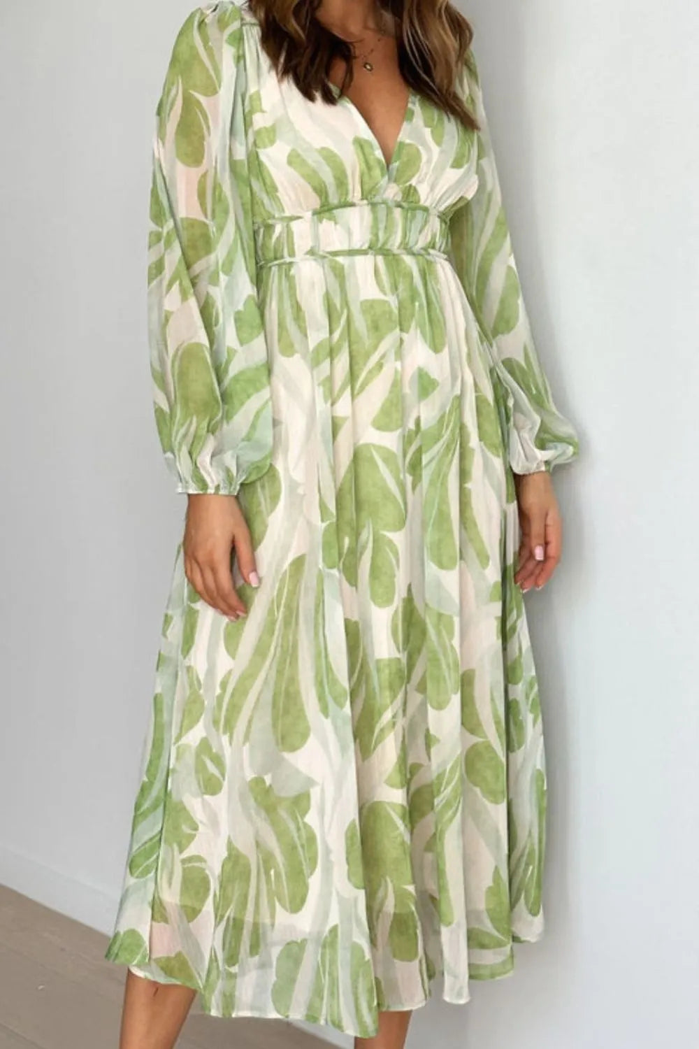 Printed V-Neck Long Sleeve Midi Dress.