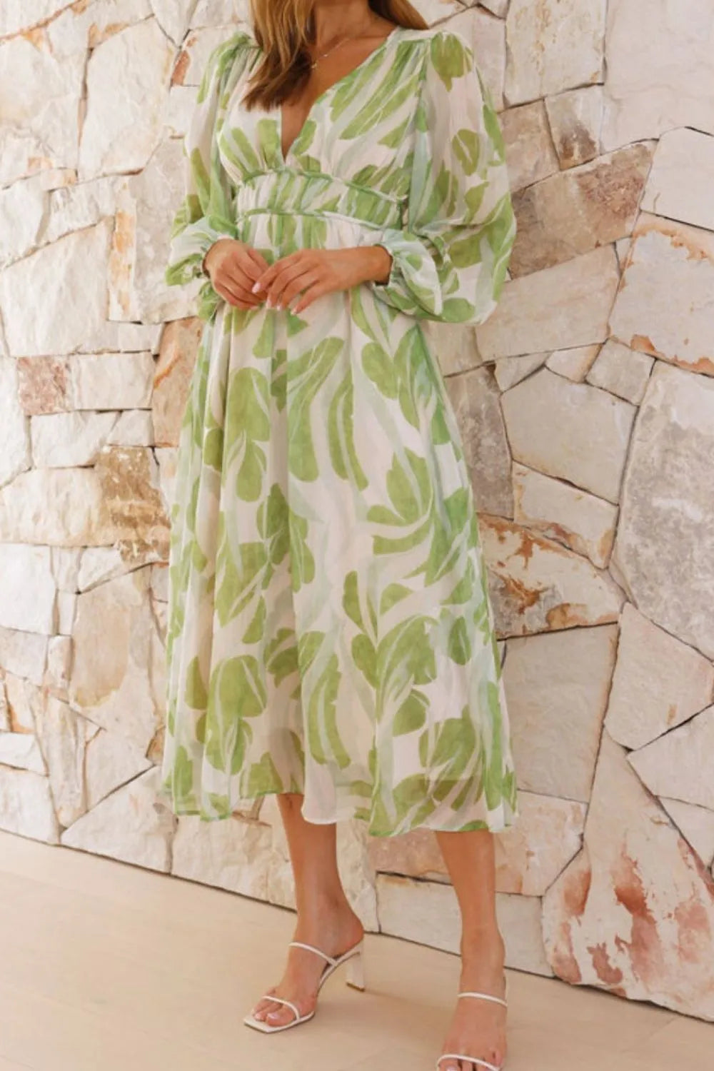 Printed V-Neck Long Sleeve Midi Dress.