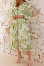 Printed V-Neck Long Sleeve Midi Dress.