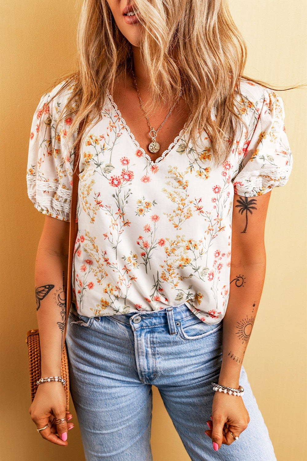 Printed V-Neck Puff Sleeve Blouse.