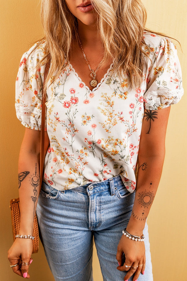 Printed V-Neck Puff Sleeve Blouse.