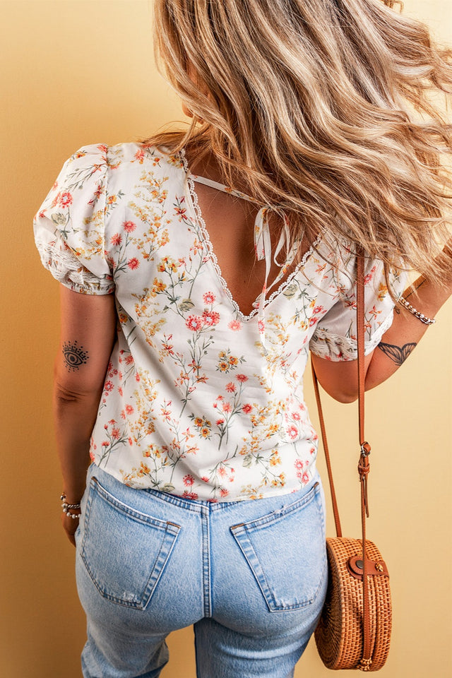 Printed V-Neck Puff Sleeve Blouse.