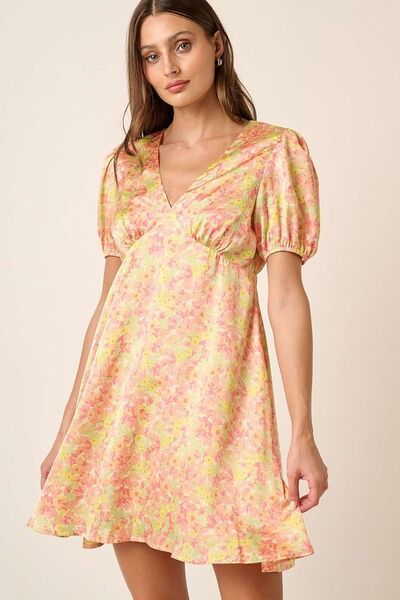 Mittoshop Printed V-Neck Puff Sleeve Mini Dress.