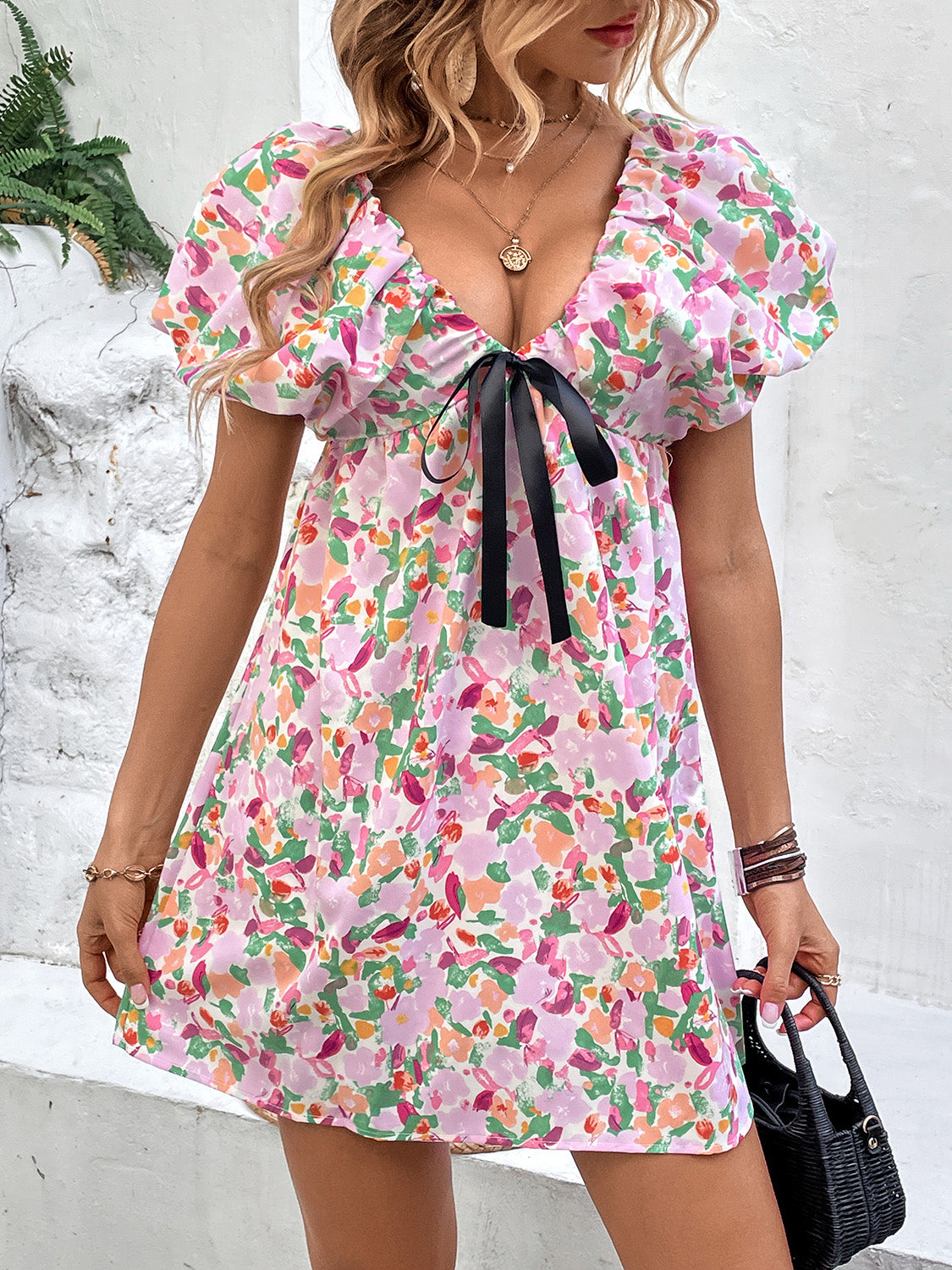Perfee Printed V-Neck Puff Sleeve Mini Dress.