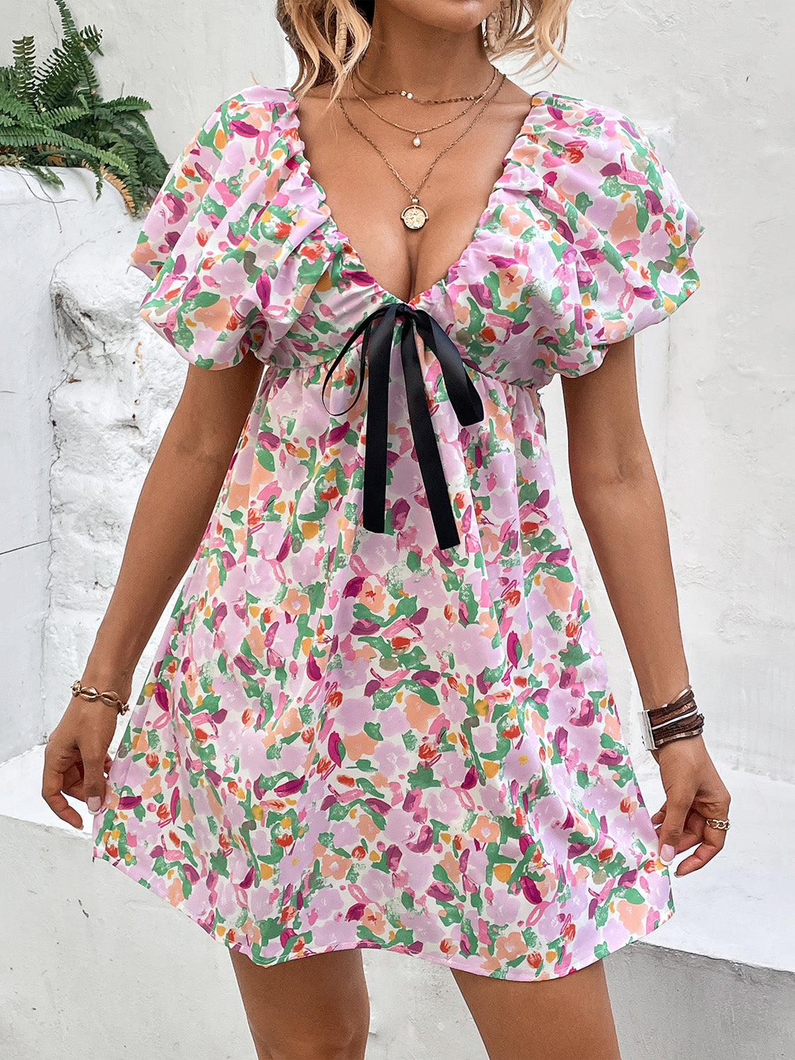 Perfee Printed V-Neck Puff Sleeve Mini Dress.