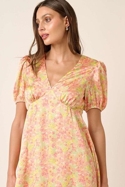 Mittoshop Printed V-Neck Puff Sleeve Mini Dress.