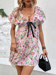 Perfee Printed V-Neck Puff Sleeve Mini Dress.