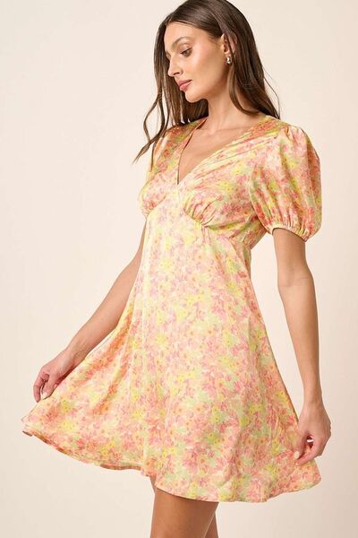 Mittoshop Printed V-Neck Puff Sleeve Mini Dress.
