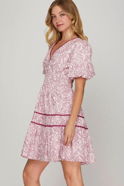 She Sky Full Size Printed V-Neck Puff Sleeve Tiered Dress Plus Size.