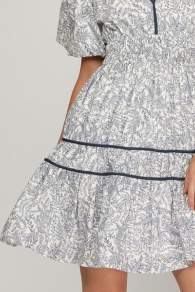 She Sky Full Size Printed V-Neck Puff Sleeve Tiered Dress Plus Size.