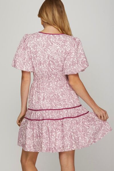 She Sky Full Size Printed V-Neck Puff Sleeve Tiered Dress Plus Size.
