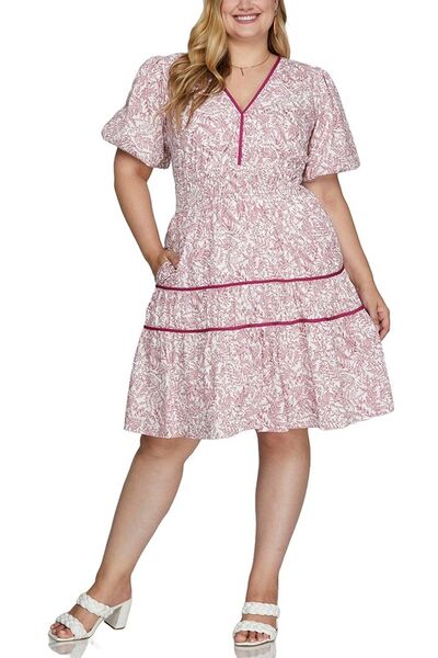 She Sky Full Size Printed V-Neck Puff Sleeve Tiered Dress Plus Size.