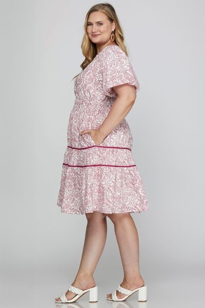 She Sky Full Size Printed V-Neck Puff Sleeve Tiered Dress Plus Size.