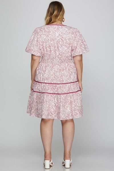 She Sky Full Size Printed V-Neck Puff Sleeve Tiered Dress Plus Size.