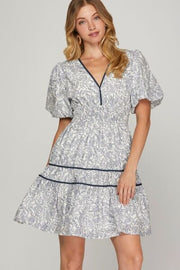 She Sky Full Size Printed V-Neck Puff Sleeve Tiered Dress Plus Size.