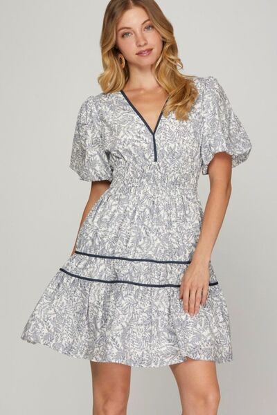 She Sky Full Size Printed V-Neck Puff Sleeve Tiered Dress Plus Size.