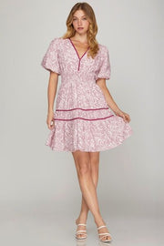 She Sky Full Size Printed V-Neck Puff Sleeve Tiered Dress Plus Size.