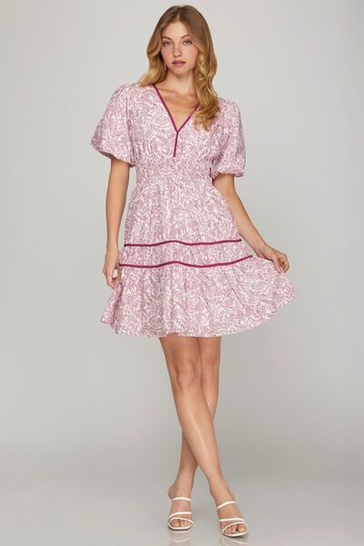She Sky Full Size Printed V-Neck Puff Sleeve Tiered Dress Plus Size.