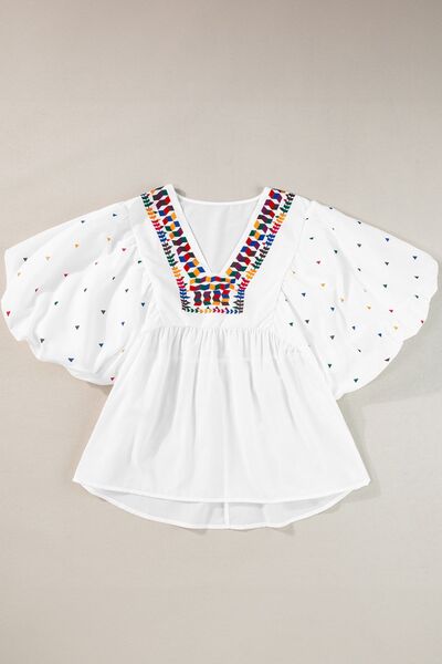 Printed V-Neck Puff Sleeve Top.